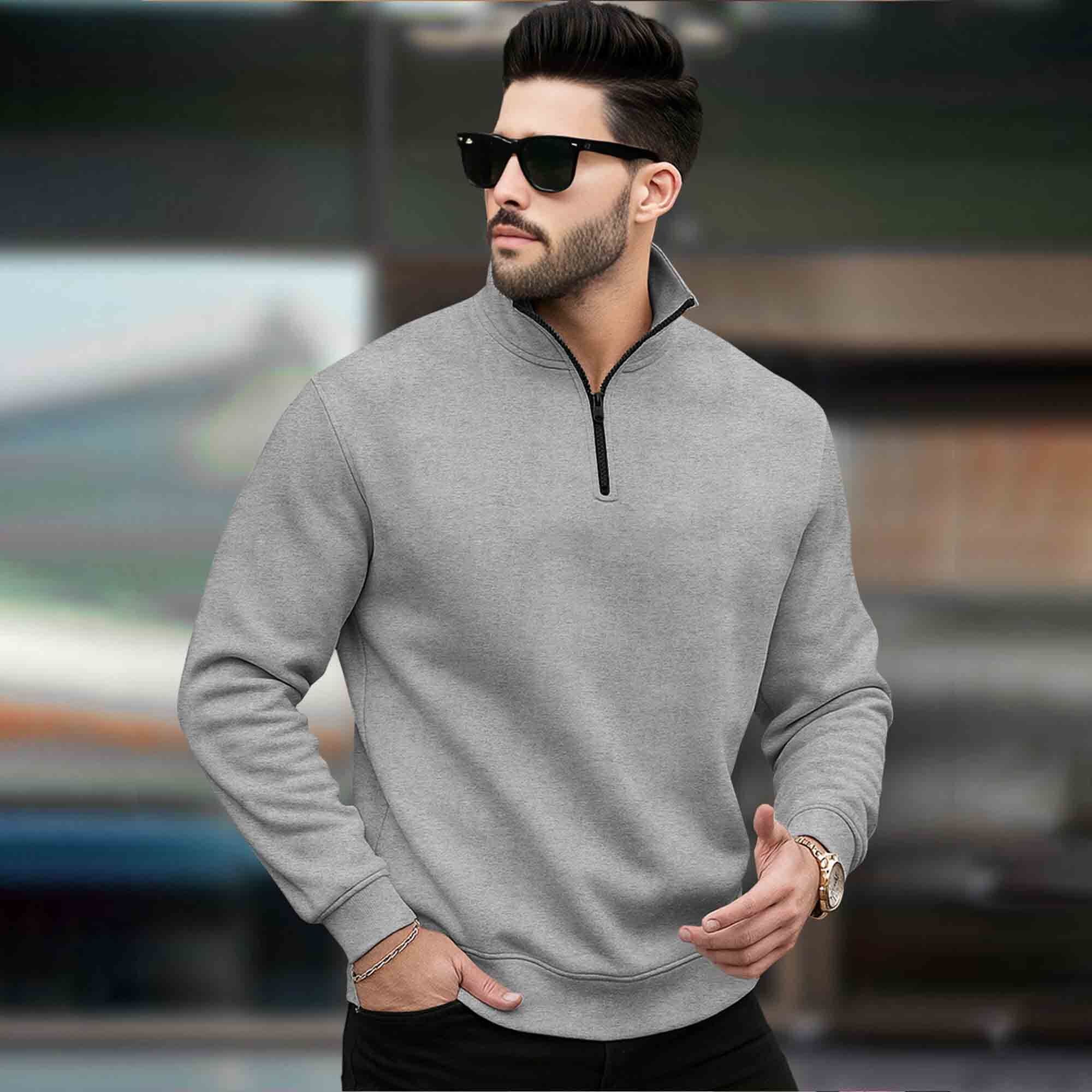 Men Plain Zipper High Neck Casual Sweatshirt / Grey