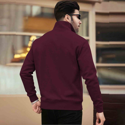 Men Plain Zipper High Neck Casual Sweatshirt / Maroon