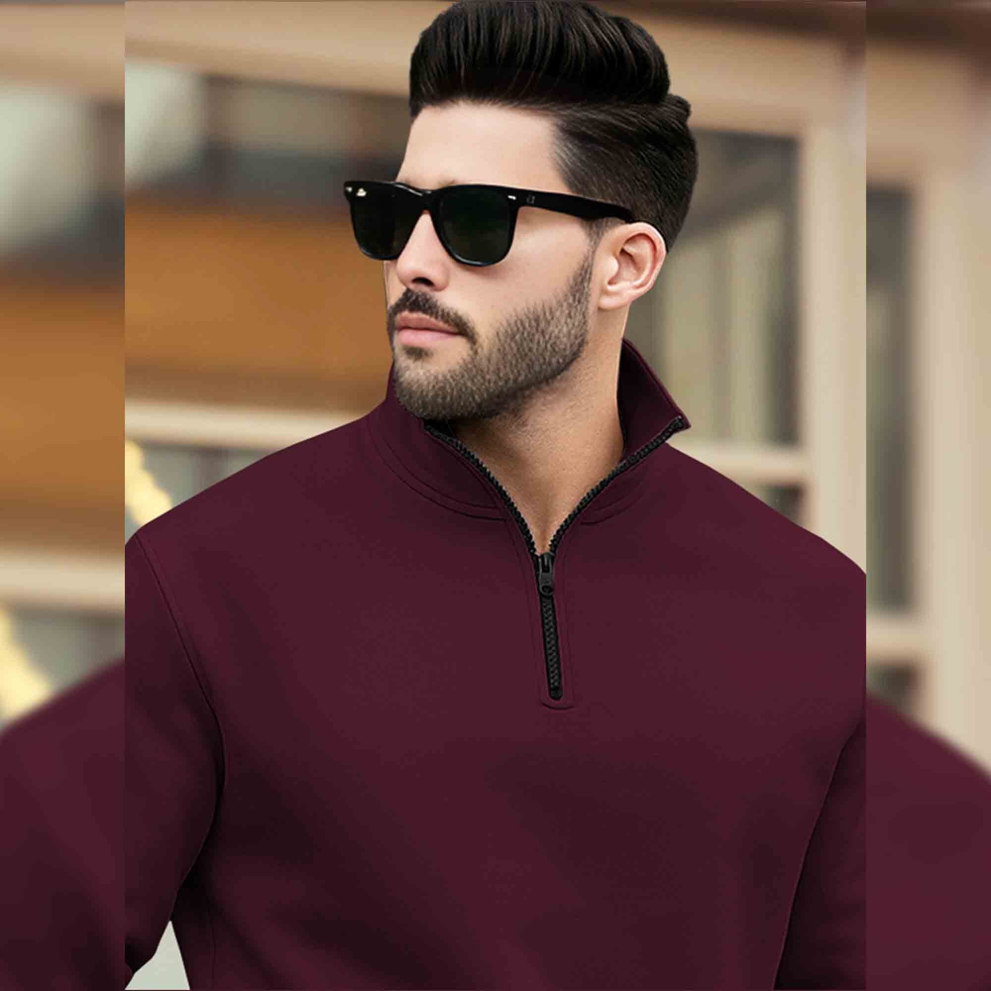 Men Plain Zipper High Neck Casual Sweatshirt / Maroon