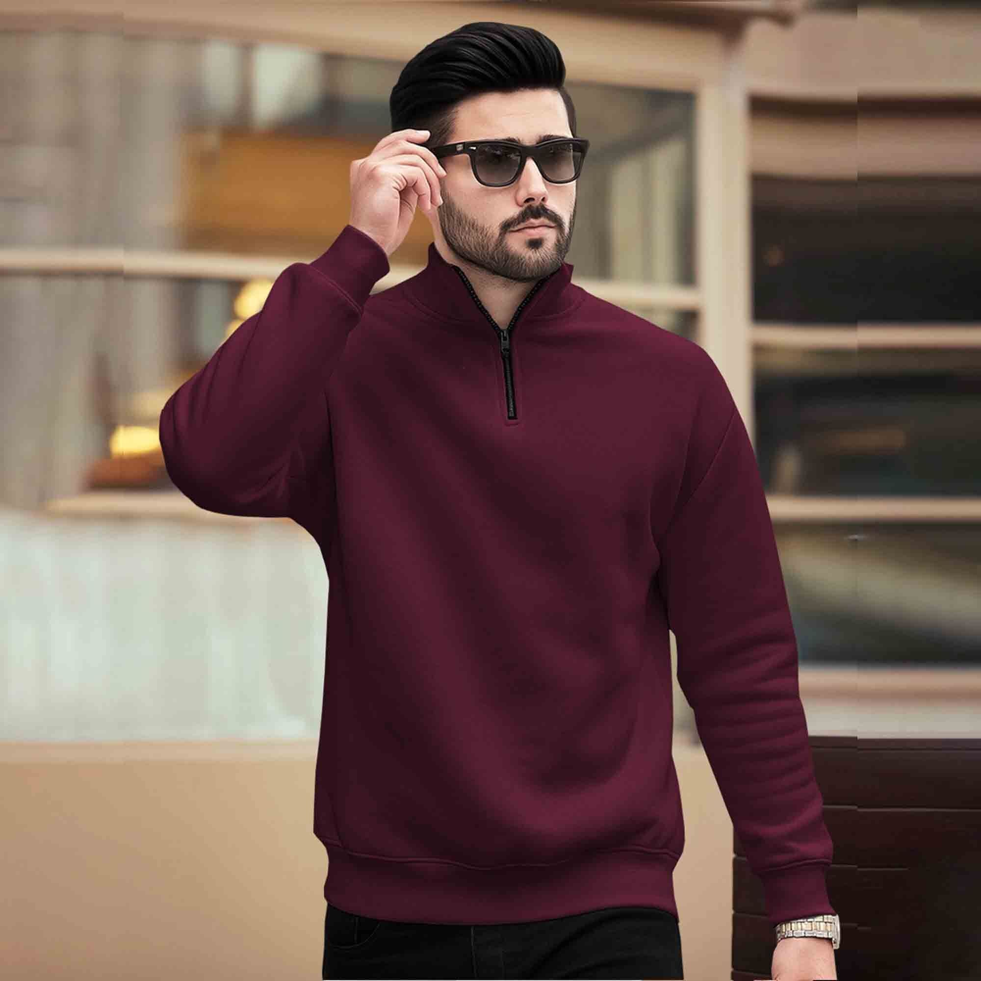 Men Plain Zipper High Neck Casual Sweatshirt / Maroon