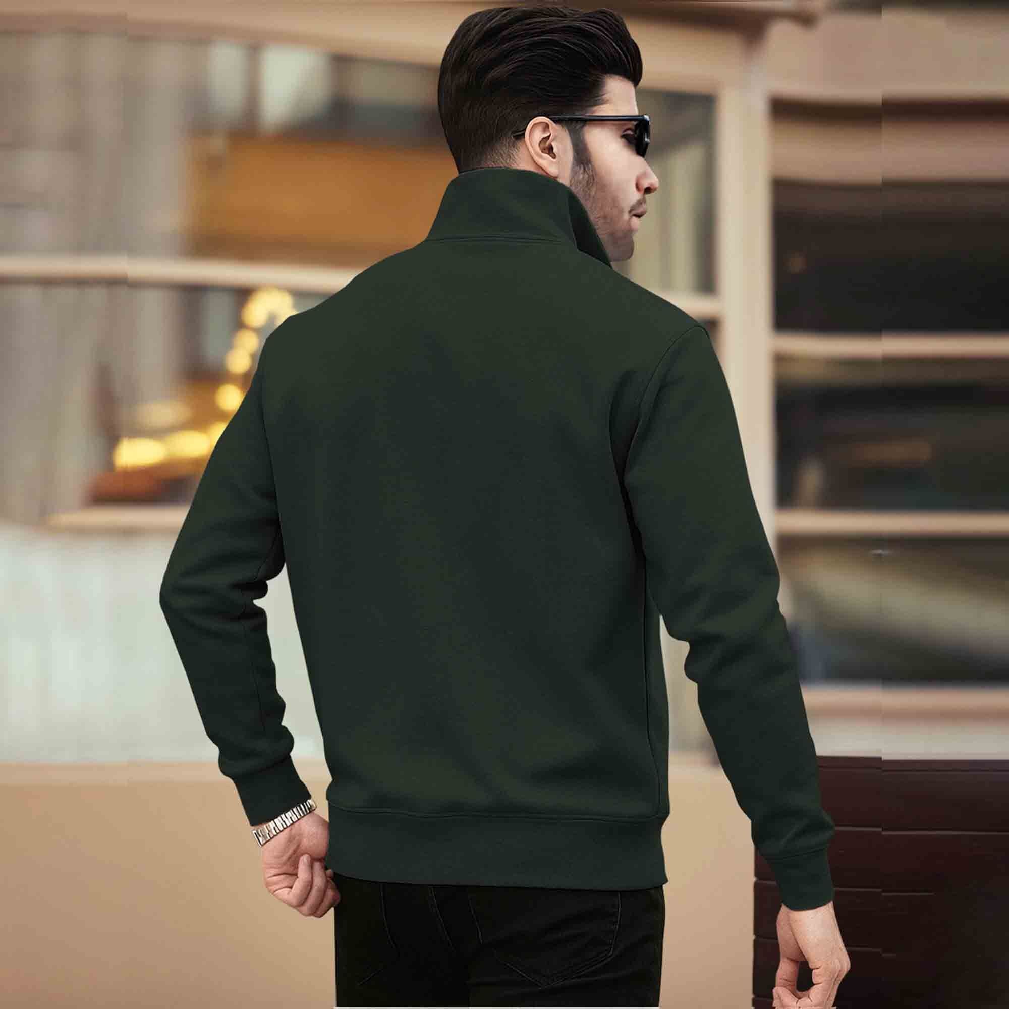 Men Plain Zipper High Neck Casual Sweatshirt Olivegreen