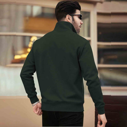 Men Plain Zipper High Neck Casual Sweatshirt Olivegreen