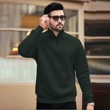 Men Plain Zipper High Neck Casual Sweatshirt Olivegreen