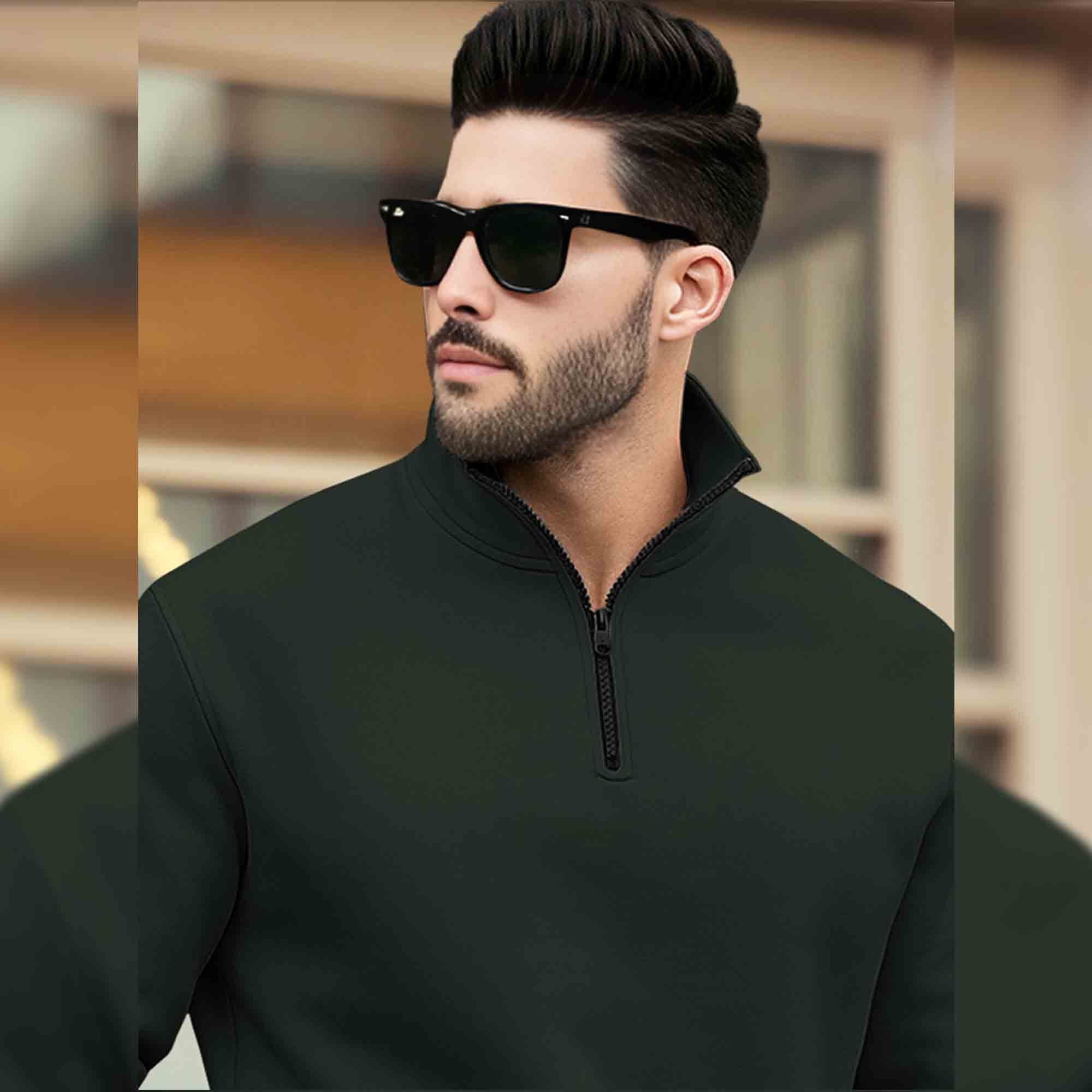 Men Plain Zipper High Neck Casual Sweatshirt Olivegreen