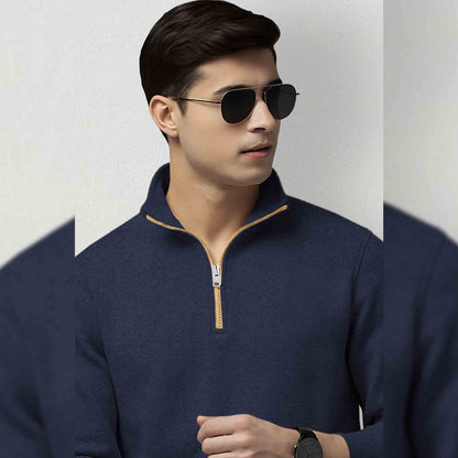 Men High Neck Quarter Zip Up Navyblue Sweatshirt