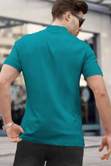 Men Solid Zip Neck Royal Green T-Shirt