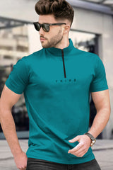 Men Solid Zip Neck Royal Green T-Shirt