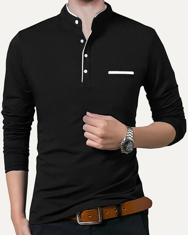 Men Henley Black Full Sleeve T-Shirt