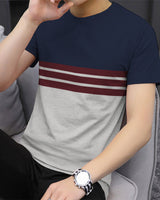 Men Navy Blue Grey Half Hand Round Neck Striped T-shirt