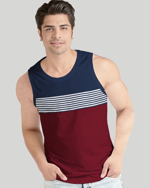 Men Navy-Maroon Striped Vest