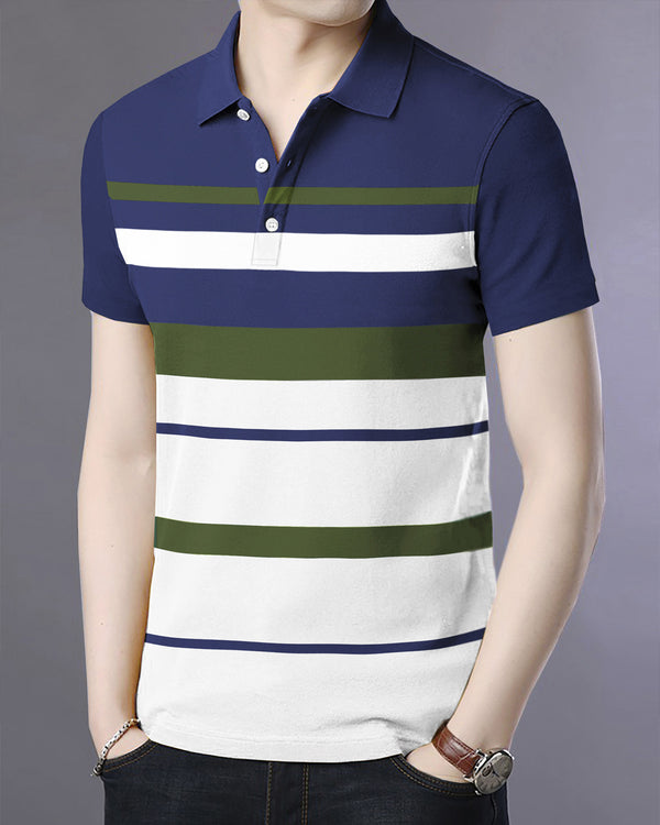 Half Sleeve Navy Blue Multicolour Striped Polo T-Shirt