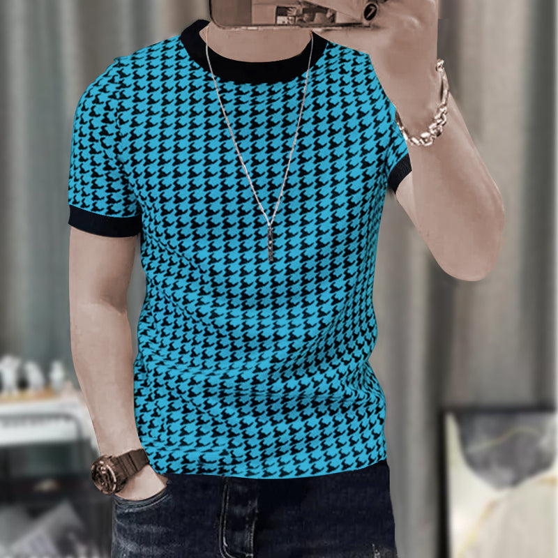 Men Printed Round Neck Cotton Blend Blue T-Shirt