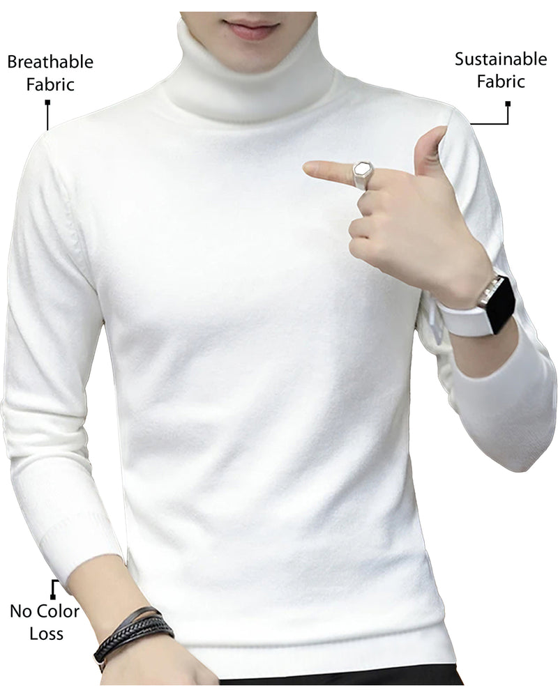 Men Plain White High Neck Full Sleeve T-shirt