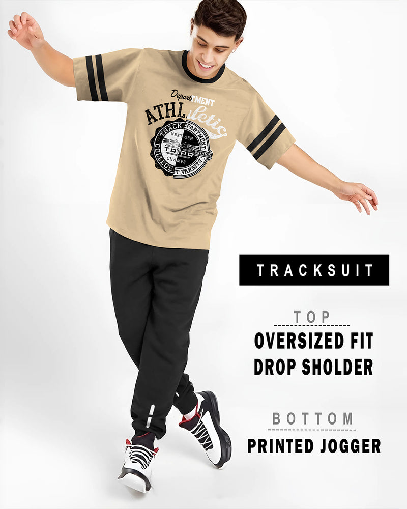 Men Tracksuit Set | Beige Oversized T-shirt | Black Trackpant