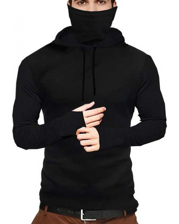 Solid Men Hooded Mask Black Full Sleeve T-Shirt
