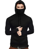 Solid Men Hooded Mask Black Full Sleeve T-Shirt