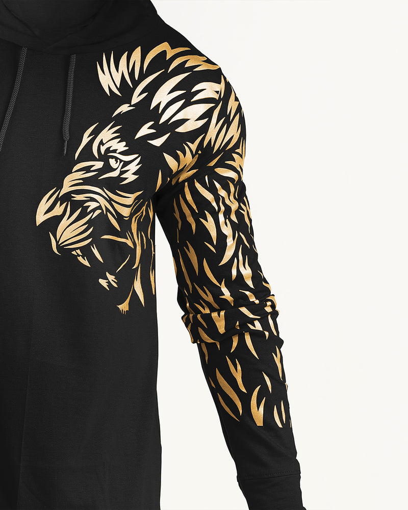 Men Lion Printed Black | Black Hooded Tracksuit with Mask