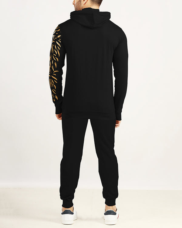 Men Hooded Lion Mask Printed Black Full Sleeve T-shirt / Black Printed Trackpant