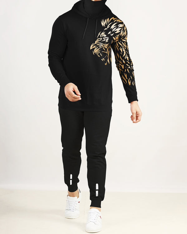 Men Hooded Lion Mask Printed Black Full Sleeve T-shirt / Black Printed Trackpant