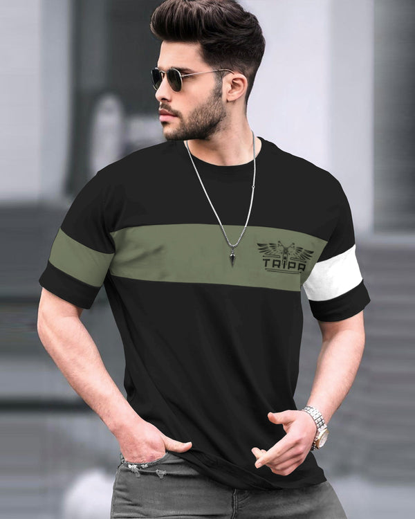 MEN LINE PRINTED HALFSLEEVE ROUND NECK BLACK TSHIRT