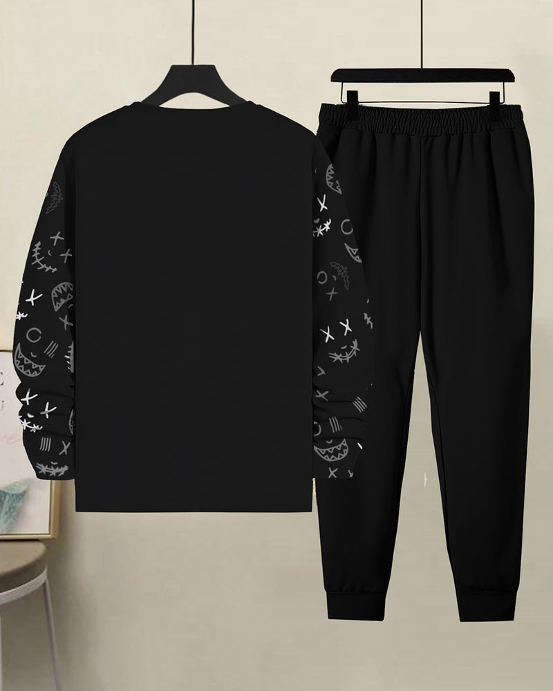 Men Tracksuit Set | Black PRinted Full Sleeve Tshirt | Solid Black Trackpant