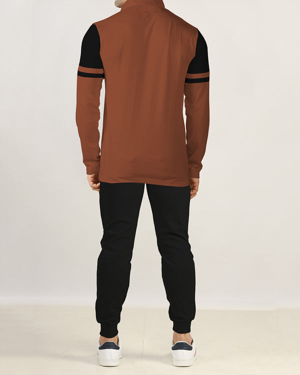 Men Tracksuit Set | Brown Henley T-shirt | Black Trackpant