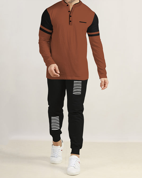 Men Tracksuit Set | Brown Henley T-shirt | Black Trackpant