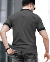 Men Zip Polo Grey-Black Contrast T-shirt