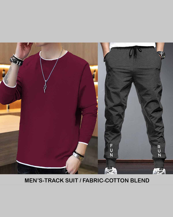 Men Tracksuit Set | Maroon Full Sleeve T-shirt | Charcoal Black Trackpant