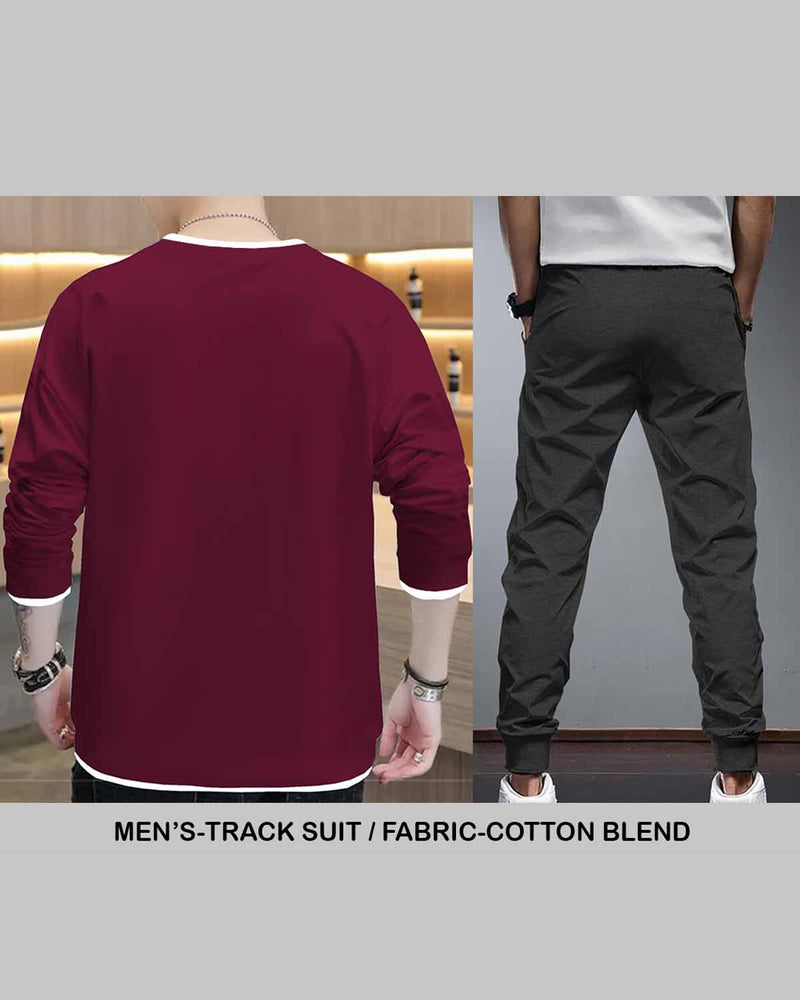 Men Tracksuit Set | Maroon Full Sleeve T-shirt | Charcoal Black Trackpant