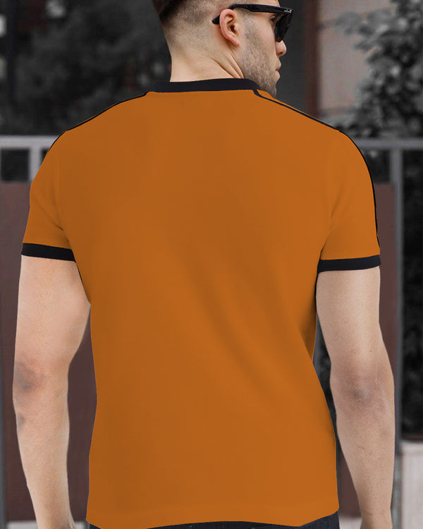 Men Maroon Zip-neck Half Sleeve Black Piping T-shirt