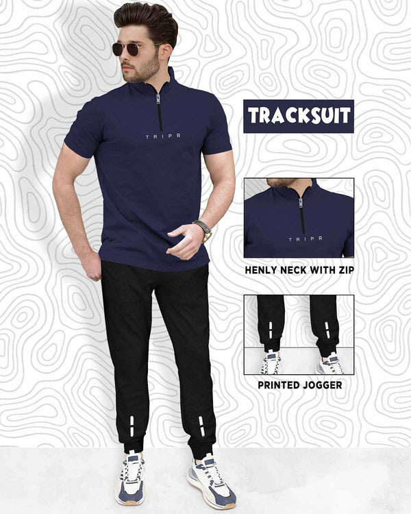Men Tracksuit Set | Navy Blue Zip Neck T-shirt | Black Trackpant