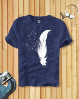 Men Feather Printed Navy Blue T-shirt