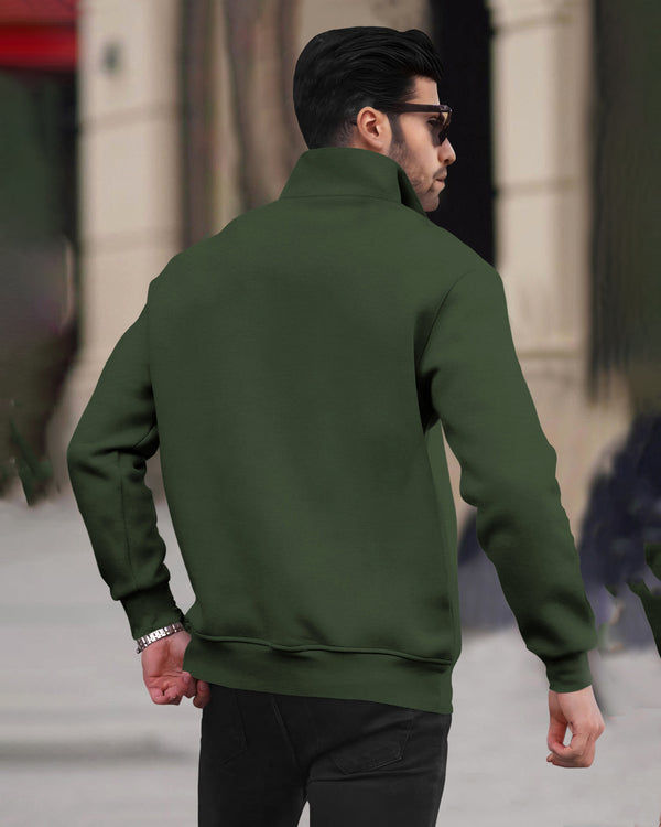 Men Zipper High Neck Olivegreen Sweatshirt