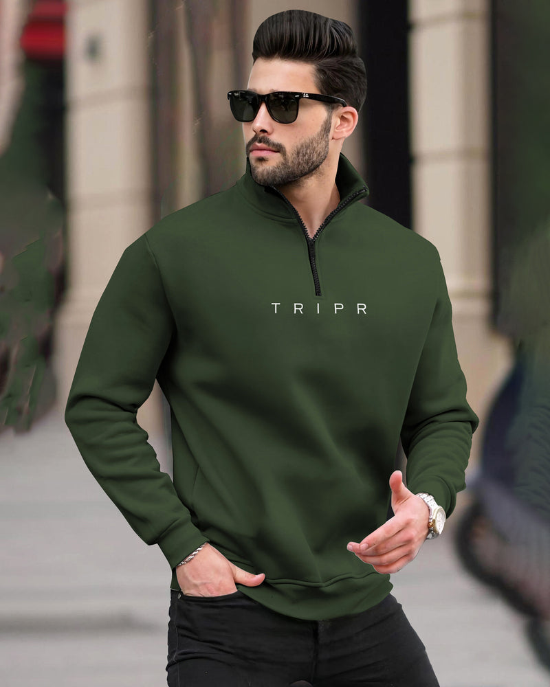 Men Zipper High Neck Olivegreen Sweatshirt