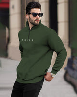 Men Zipper High Neck Olivegreen Sweatshirt