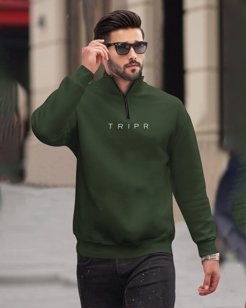 Men Zipper High Neck Olivegreen Sweatshirt