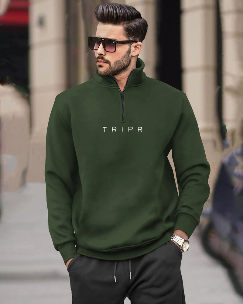 Men Zipper High Neck Olivegreen Sweatshirt