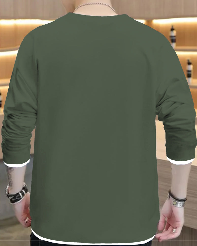 Men Plain Olive Green White Piping Full Hand T-shirt