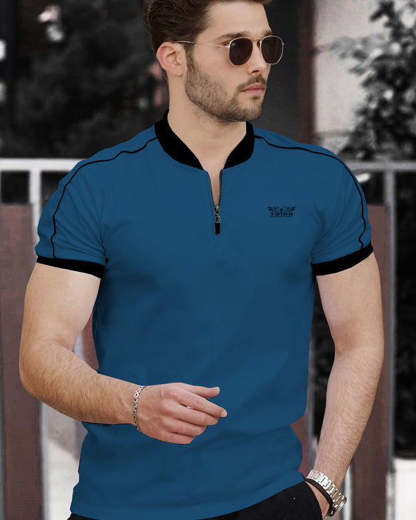 Men Dark Blue Zip-Neck Half Sleeve Black Piping T-shirt