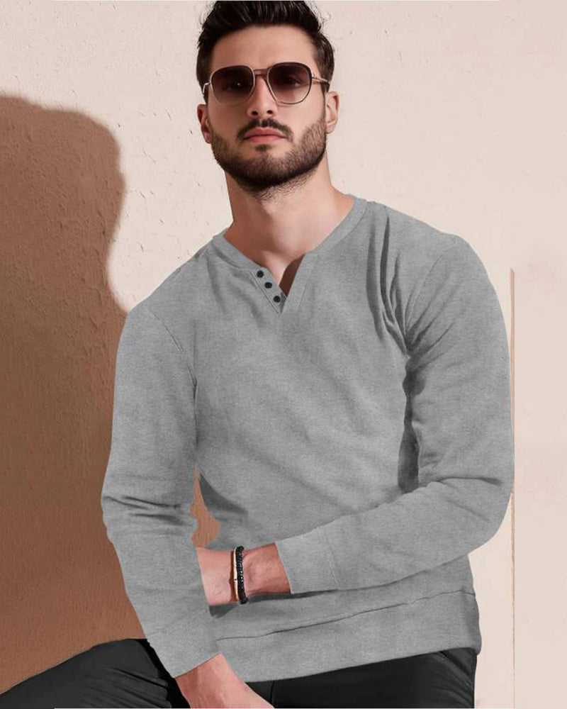 Men White Melange V-Neck Non-hooded Sweatshirt