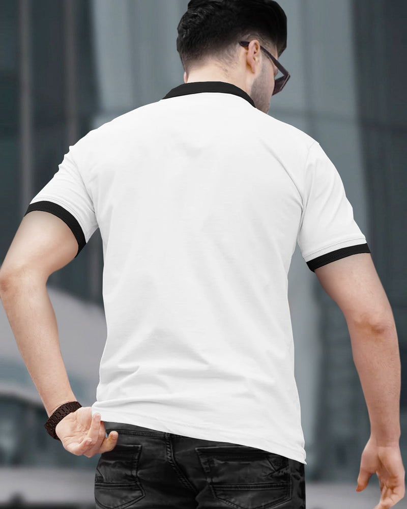 Men Polo Black Contrast White Zip Collar T-shirt