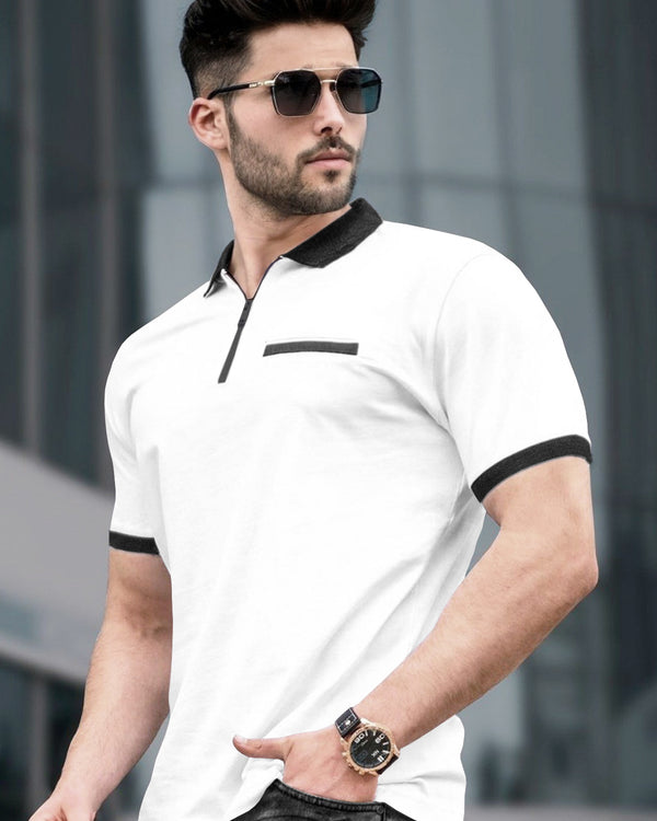 Men Polo Black Contrast White Zip Collar T-shirt