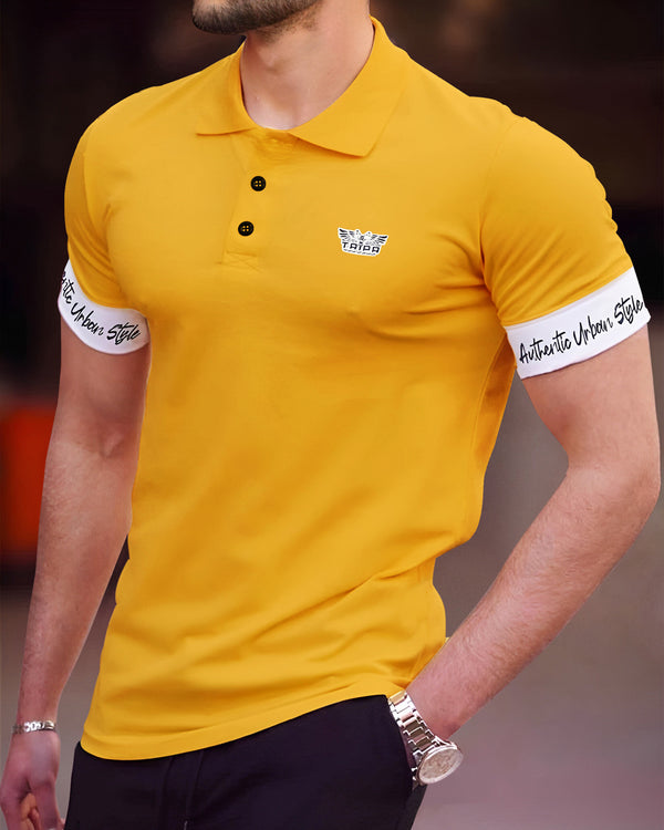 Men Polo Collar Yellow White Contrast T-shirt