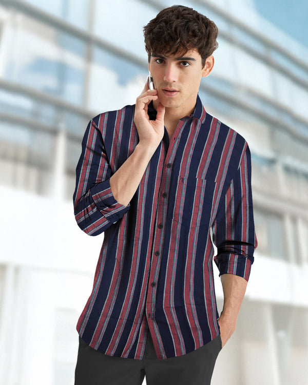 Premium Quality Navy Blue Men Full Hand Striped Cotton Casual Shirt