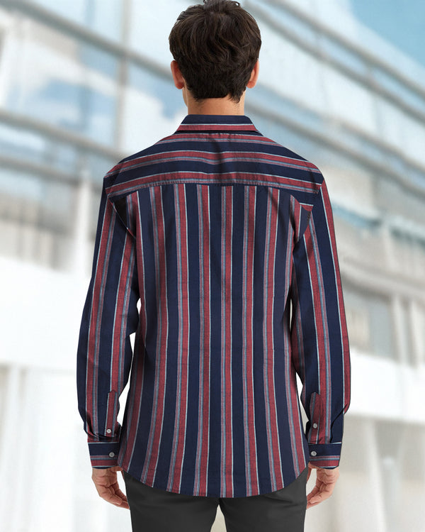 Premium Quality Navy Blue Men Full Hand Striped Cotton Casual Shirt