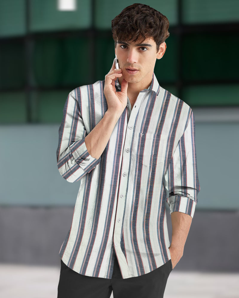 Premium Quality Men Full Sleeve Casual Striped Shirt / White Red