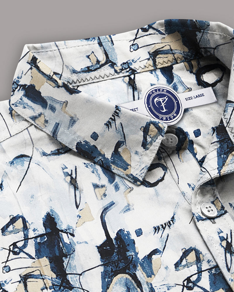 Premium Quality Men Full Hand Casual Printed Shirt / White-Navy