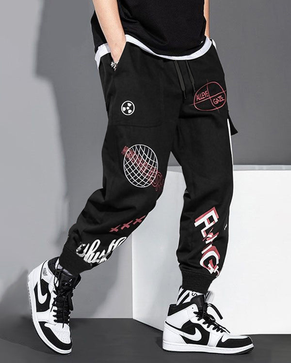 Model wearing multiple words printed cargo pant with sneakers 