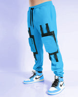 Model wearing sky blue clip buckle cargo pant with sneakers 